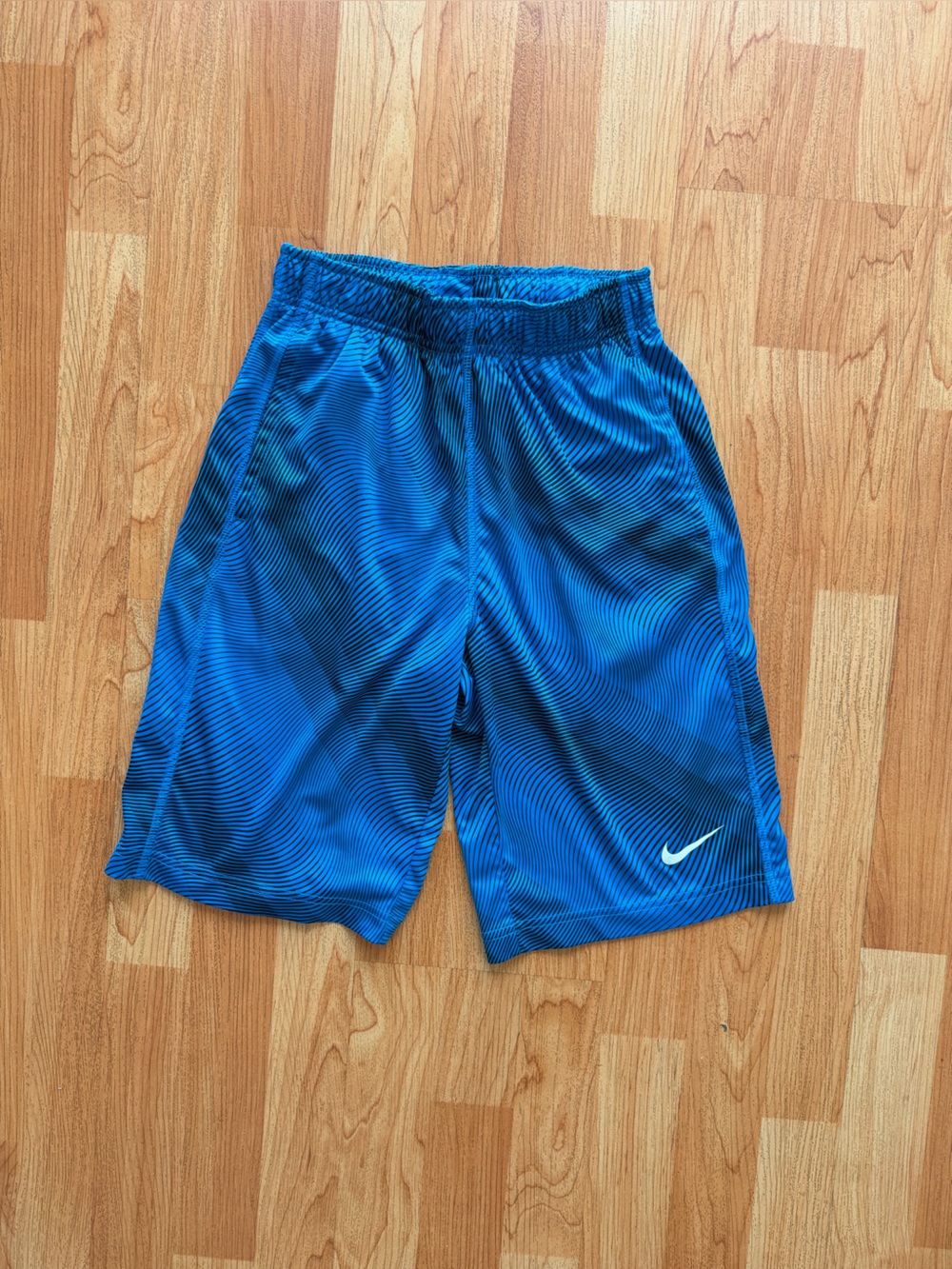 Nike Dri Fit Blue Wave-Pattern Training Shorts with White Swoosh